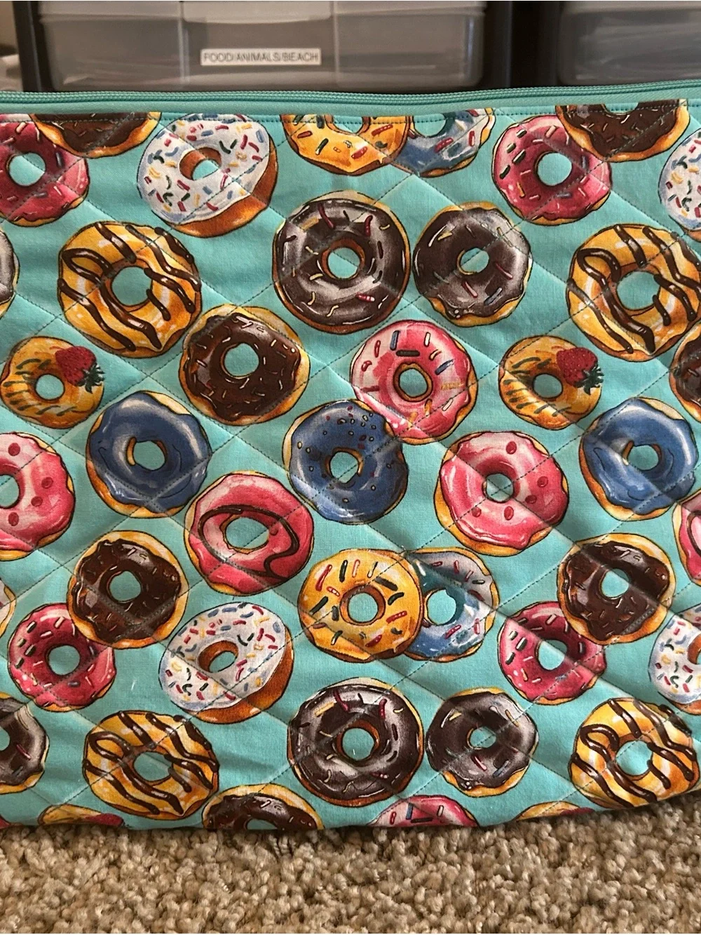 Hand Crafted Turquoise Donut-Print Quilted Laptop Bag